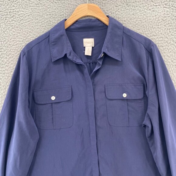 Chicos Shirt Womens 2 US Large Navy Long Roll Tab Sleeve Button Pockets Collar - Picture 3 of 13